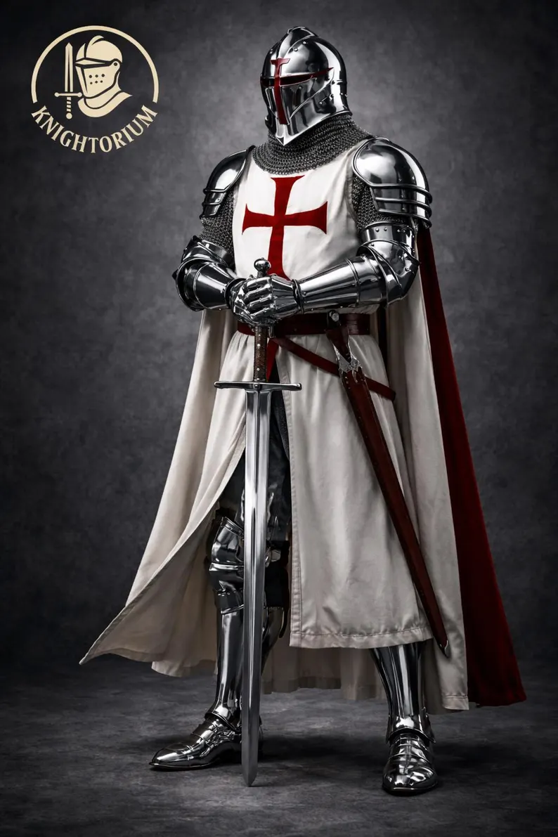 Medieval Templar Knight Armor Suit by Knightorium, Mirror Polished Steel with Crusader Cloak for Cosplay & Display