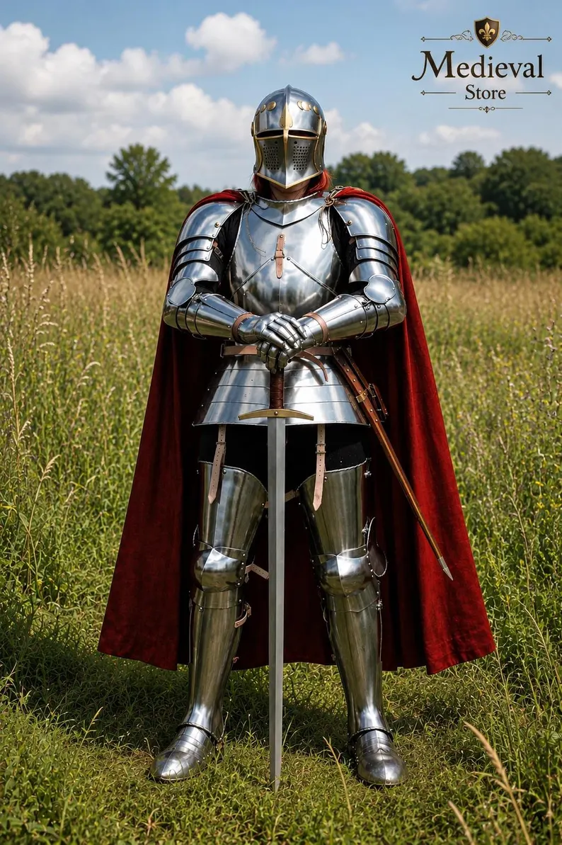 Medieval Full Plate Armor with Helmet & Red Cape | Wearable Knight Steel Armor | Renaissance LARP Cosplay Costume | Halloween Costume