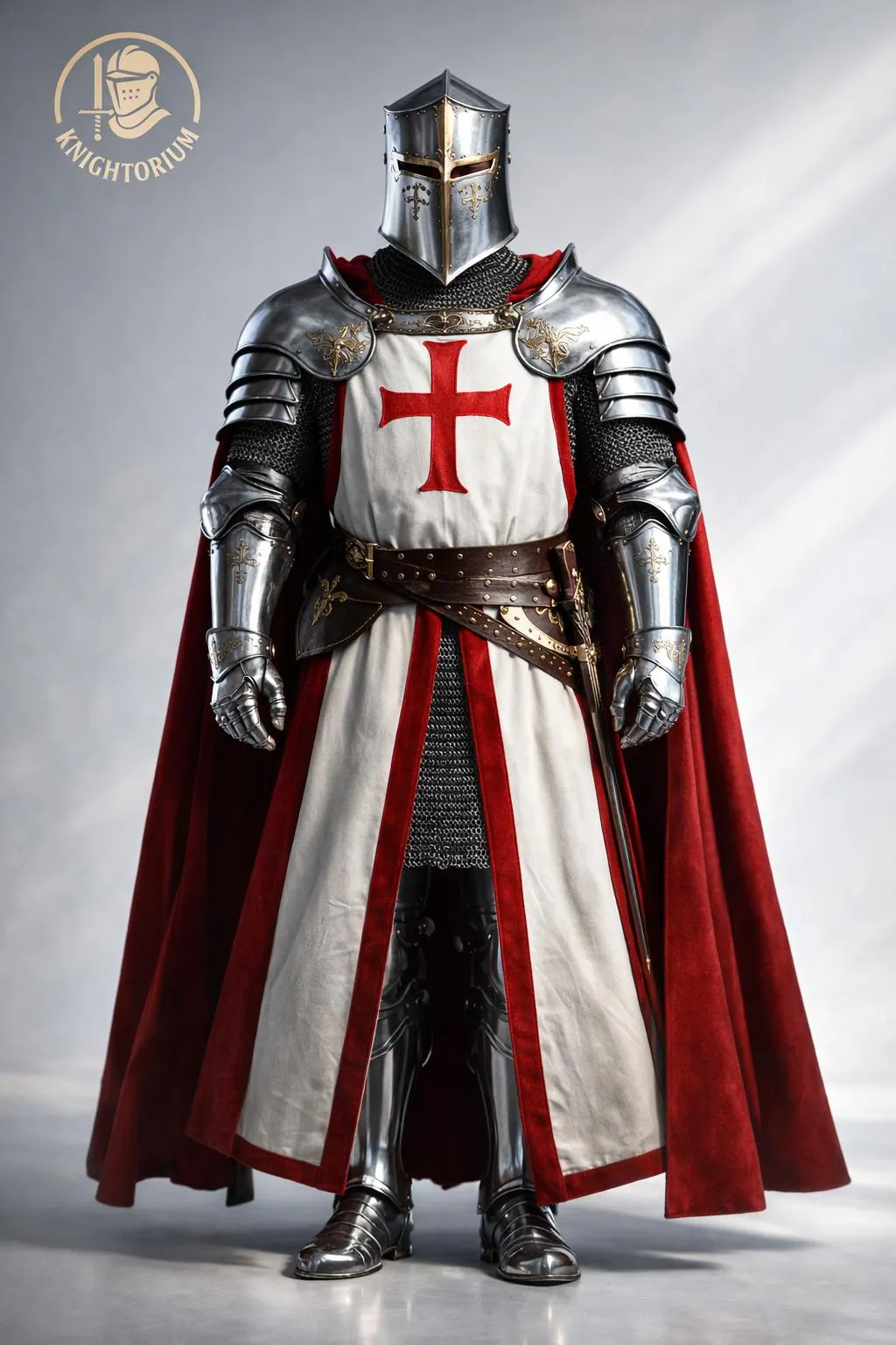 Knight Templar Full Plate Armor Suit | Medieval Crusader Knight Armor with Helmet & Red Cross Surcoat | Handcrafted Steel Armor Display