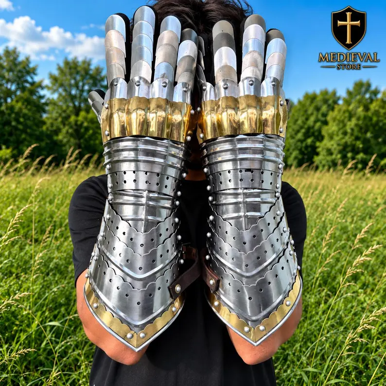 Medieval Steel Gauntlets, Silver Gold Knight Armor Gloves, Articulated Hand Armor, Gothic Warrior Gauntlets, LARP Cosplay Costume