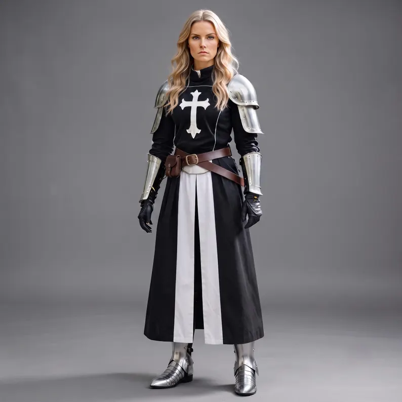 Etsy Women’s Medieval Templar Knight Armor Costume – Black & White Crusader Dress with Shoulder Armor & Gauntlets