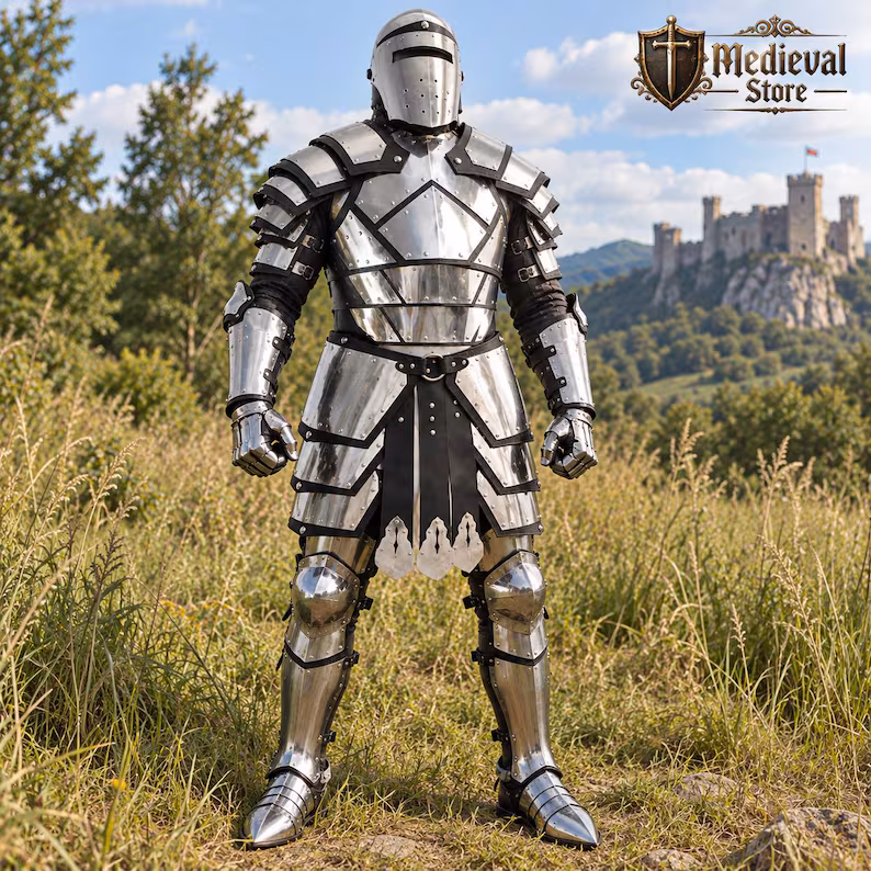 Full Body Medieval Knight Armor Suit – Polished Silver & Black Steel Armor with Helmet, Gauntlets and Sword