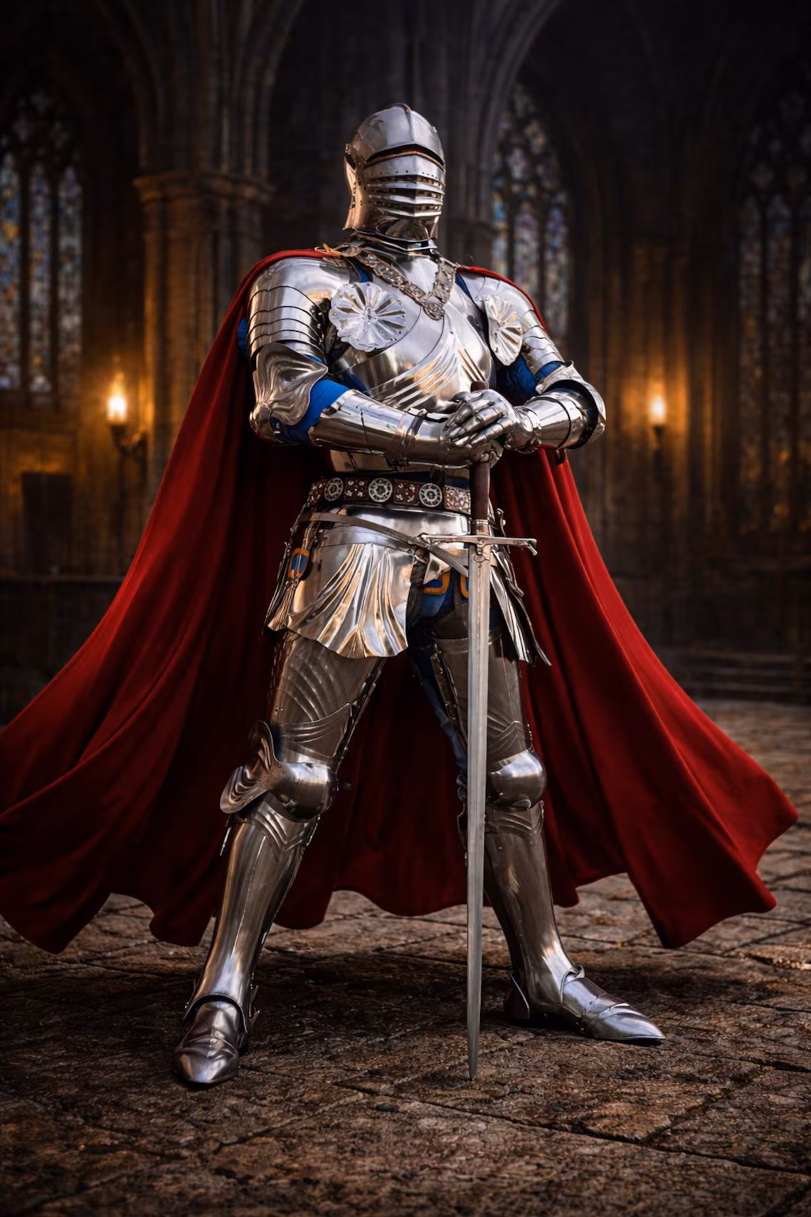 Medieval Knight Armor Suit with Red Cape & Sword – Polished Silver Full Body Plate Armor