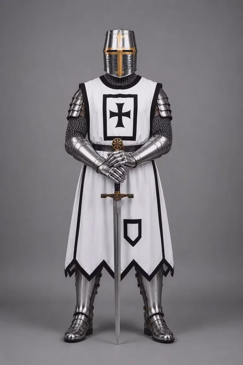 Templar Knight Armor Set with Silver Gauntlets, Chainmail & White Surcoat