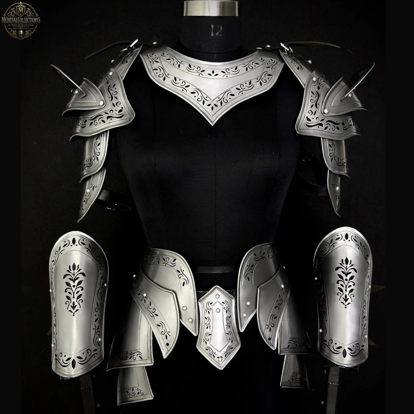 Ornate Silver Medieval Armor Set with Engraved Pauldrons and Leg Guards Medieval Steel Armor Set, Engraved Knight Armor, Fantasy Warrior costume.