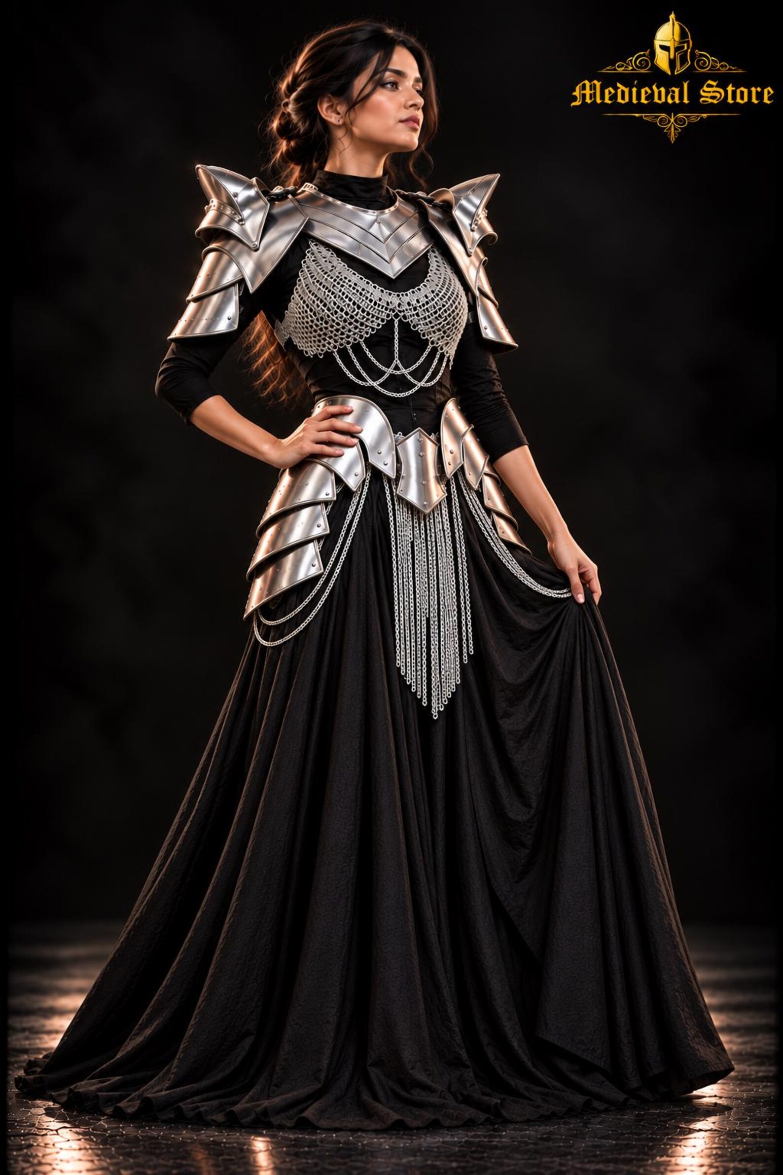 Women’s Medieval Steel Armor Set, Fantasy Knight Costume, Chainmail Warrior Dress, LARP Cosplay Armor, Renaissance Faire Costume Women's Medieval Silver Armor Dress with Chainmail and Shoulder Guards
