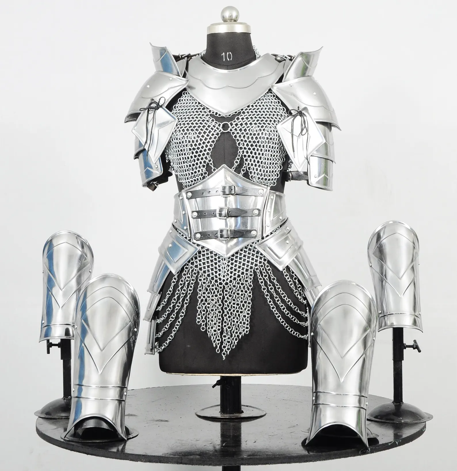 Medieval Silver Knight Armor Set with Chainmail, Pauldrons and Leg Guards